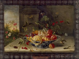Decorative Still-Life Composition with a Porcelain Bowl, Fruit and Insects